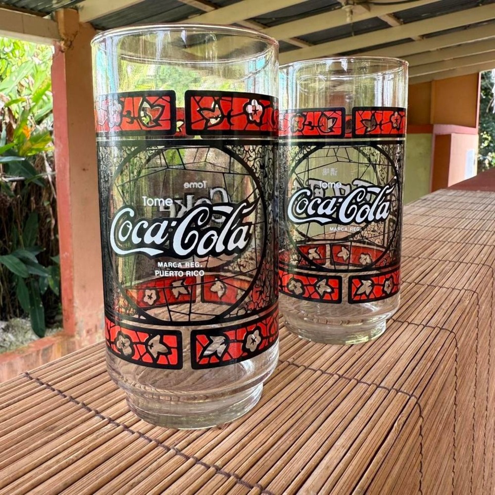 Puerto Rico Tome Coca-Cola Vintage Stained‎ Glass Look Glasses Set of 2